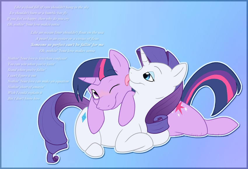 arcticwaters blue_eyes blush couple cutie_mark dialog duo english_text equine eyeshadow female feral friendship_is_magic fur hair half-closed_eyes horn licking lying makeup mammal multi-colored_hair my_little_pony one_eye_closed purple_eyes purple_fur rarity_(mlp) sitting text tongue tongue_out twilight_sparkle_(mlp) unicorn white_fur