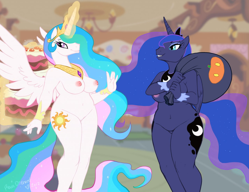 &lt;3 anthro anthrofied big_breasts breasts cake cutie_mark duo equine female food friendship_is_magic horn inside inverted_nipples mammal my_little_pony nipples nude princess princess_celestia_(mlp) princess_luna_(mlp) purple_eyes revadiehard royalty sack sibling sisters winged_unicorn wings