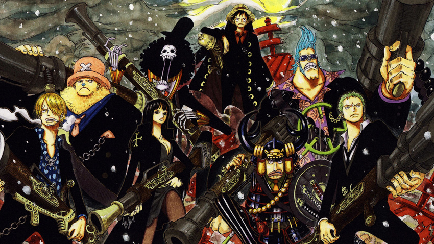 16:9 1girl 6+boys afro belt black_hair black_jacket black_necktie blonde_hair blue_hair blue_shirt bolo_tie brook cigarette cyborg dress earrings formal franky green_hair gun hair_over_one_eye hat hawaiian_shirt helmet highres jacket jacket_on_shoulders jewelry monkey_d_luffy monster_boy multiple_boys necktie nico_robin oda_eiichirou official_art one_piece one_piece:_strong_world outdoors pink_hat pink_necktie pinstripe_pattern pinstripe_suit polka_dot polka_dot_shirt red_shirt rifle roronoa_zoro sanji scabbard sheath sheathed shirt skeleton slingshot smoking snow snowing straw_hat striped striped_shirt suit sunglasses sword tony_tony_chopper top_hat usopp vertical_stripes waistcoat weapon x_(symbol)