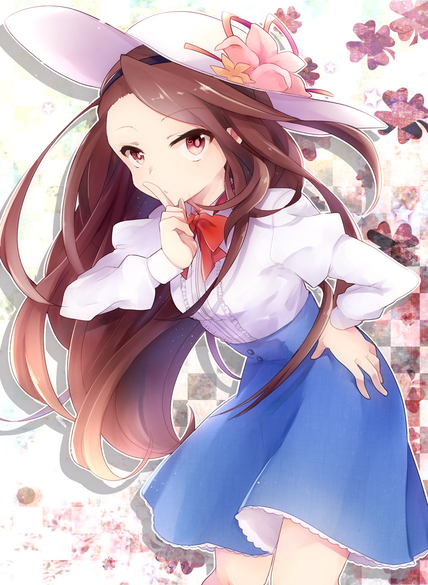 brown_hair finger_to_mouth flower hand_on_hip hat heart highres idolmaster idolmaster_(classic) leaning_forward long_hair looking_at_viewer minase_iori red_eyes shushing solo udon_(improvisation)