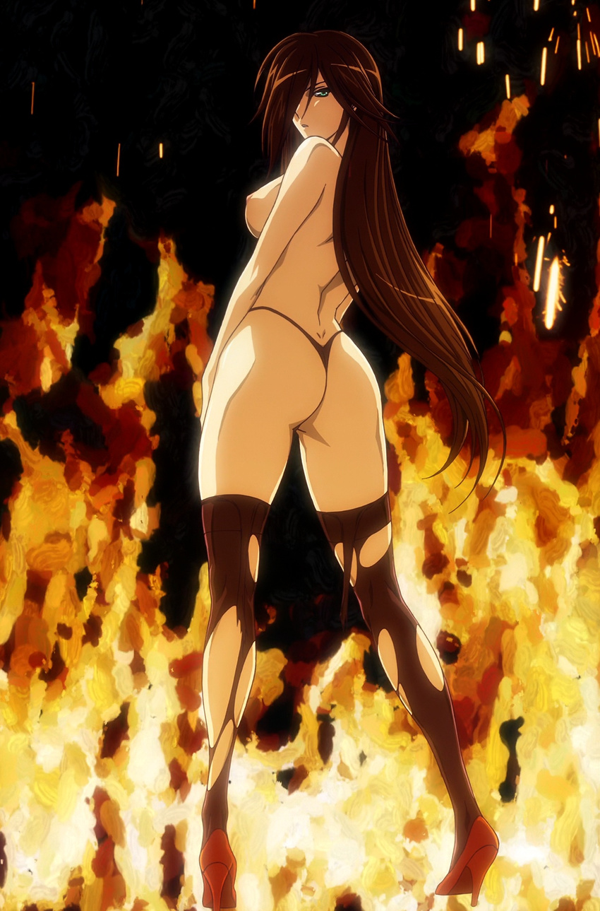 1girl ass back brown_hair fire green_eyes hair_over_one_eye high_heels highres long_hair looking_at_viewer nyx panties queen's_blade queen's_blade solo standing stitched thighhighs thong topless torn_clothes torn_legwear underwear