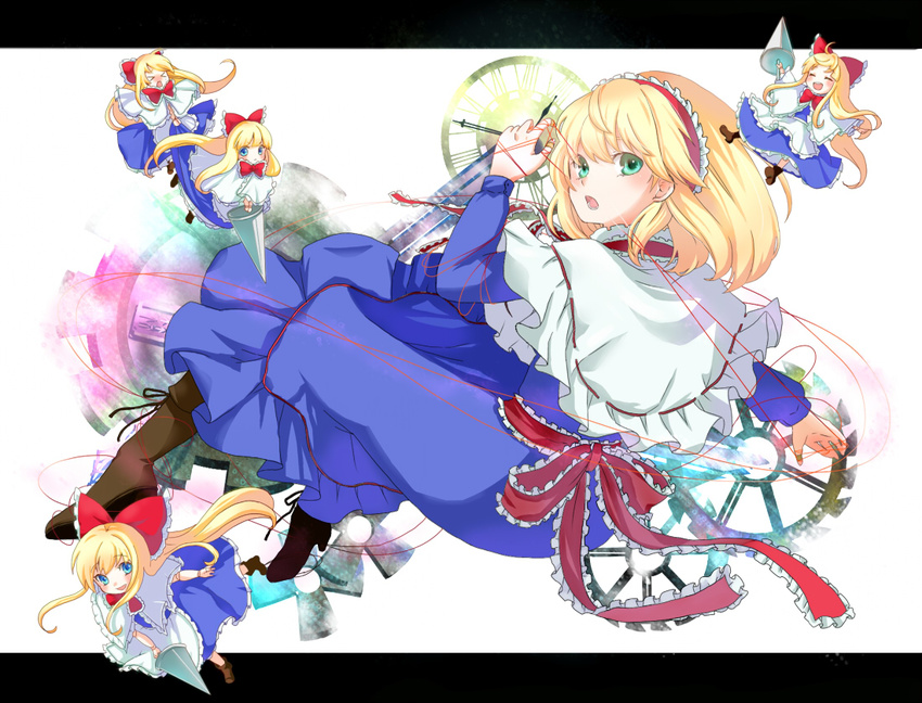 &gt;_&lt; ^_^ alice_margatroid aqua_eyes blonde_hair blue_dress blue_eyes blush boots bow capelet closed_eyes dress dress_pull gears hair_bow hairband lance letterboxed long_hair long_sleeves looking_at_viewer open_mouth ori polearm puppet_rings puppet_strings sash shanghai_doll smile solo touhou very_long_hair weapon