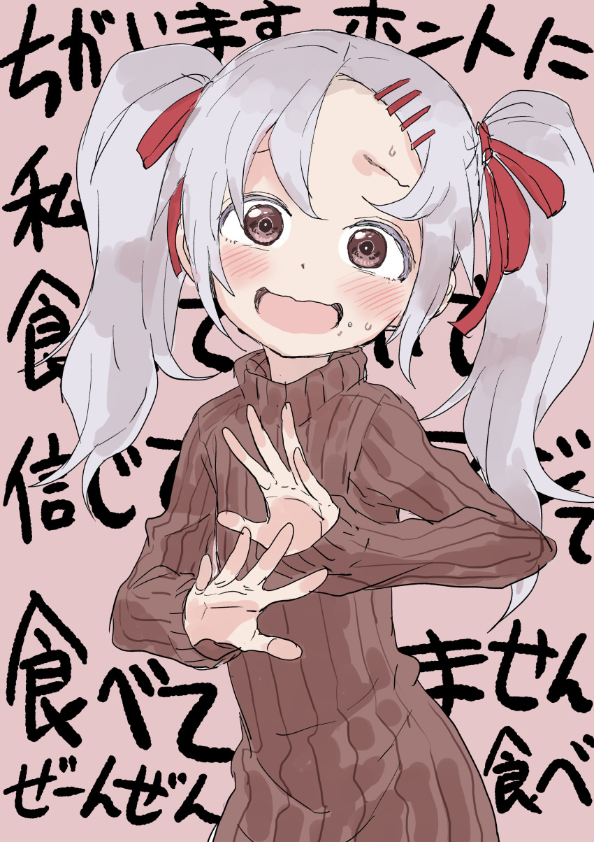 1girl absurdres bangs blush brown_eyes brown_sweater commentary_request grey_background grey_hair hair_ornament hair_ribbon hairclip highres long_sleeves looking_at_viewer open_mouth original red_ribbon ribbed_sweater ribbon simple_background solo standing sweatdrop sweater translation_request twintails wide-eyed yamamoto_souichirou