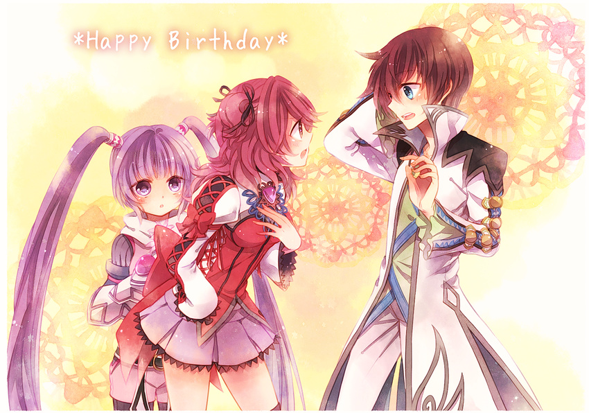 2girls ao2222 asbel_lhant blue_eyes blush bodysuit brooch brown_hair cheria_barnes coat happy_birthday jewelry juliet_sleeves long_hair long_sleeves multiple_girls pants pink_hair puffy_sleeves purple_eyes purple_hair purple_skirt short_hair shorts skirt sophie_(tales) tales_of_(series) tales_of_graces two_side_up yellow_background