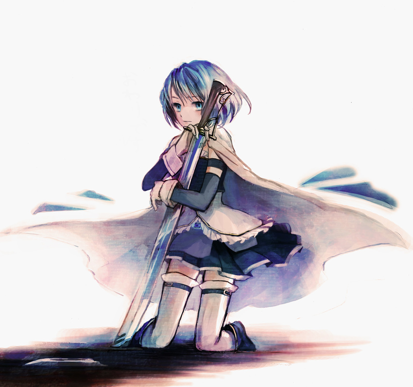 blue_eyes blue_hair cape highres hug kneeling magical_girl mahou_shoujo_madoka_magica miki_sayaka short_hair simple_background solo sugi sword thighhighs weapon zettai_ryouiki