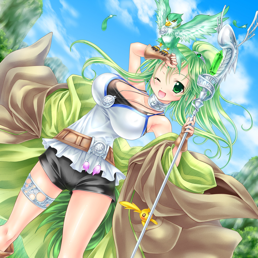 :d bird breasts choker duel_monster feathers fingerless_gloves gloves green_eyes green_hair highres huge_breasts kogarashi_(wind_of_winter) one_eye_closed open_mouth shorts smile staff winda_priestess_of_gusto yuu-gi-ou