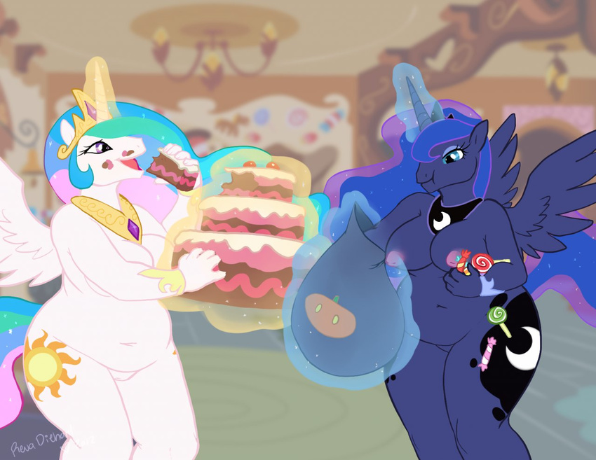 anthro anthrofied big_breasts blue_eyes breasts cake candy chubby cutie_mark duo equine female food friendship_is_magic fur hair horn horse inverted_nipples magic mammal multi-colored_hair my_little_pony nipples nude pony princess princess_celestia_(mlp) princess_luna_(mlp) purple_eyes revadiehard royalty sack sibling sisters weight_gain white_fur winged_unicorn wings