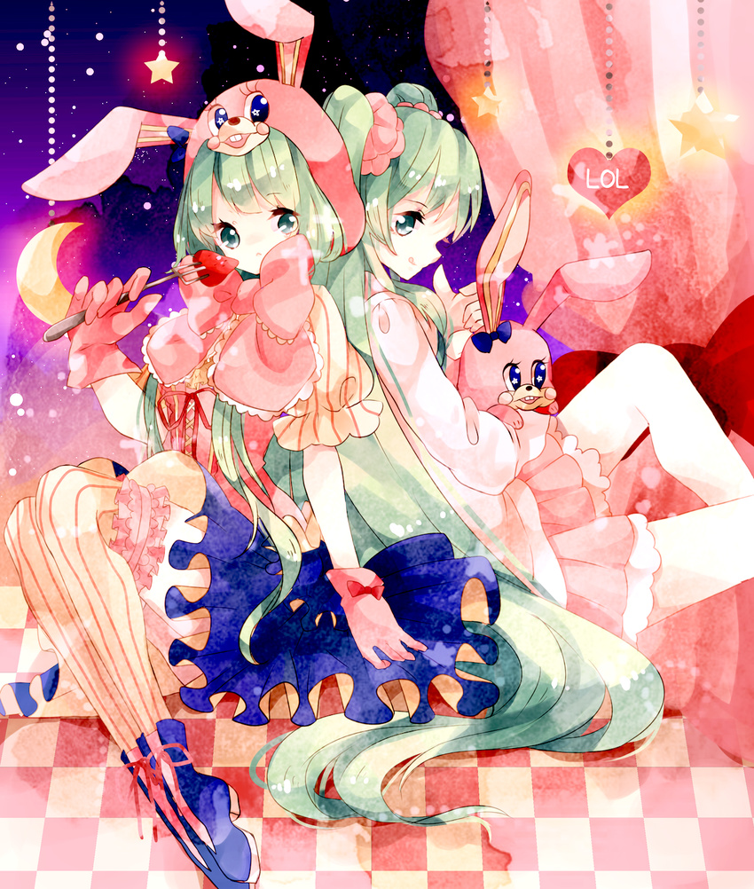 animal_hood bad_id bad_pixiv_id bunny bunny_hood checkered checkered_floor choko_(alice_vessaliuss) copyright_name corset food fork fruit gloves green_eyes green_hair hatsune_miku highres hood long_hair lots_of_laugh_(vocaloid) multiple_girls scrunchie sitting skirt star strawberry striped striped_legwear stuffed_animal stuffed_bunny stuffed_toy thighhighs vertical-striped_legwear vertical_stripes very_long_hair vocaloid