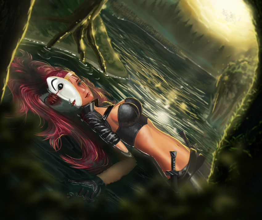 absurdres belt breasts crop_top dagger gasssss gloves green_eyes headband highres katarina_du_couteau league_of_legends liandry's_torment lips long_hair lying mask medium_breasts midriff navel partially_submerged popped_collar red_hair scar solo tree water weapon