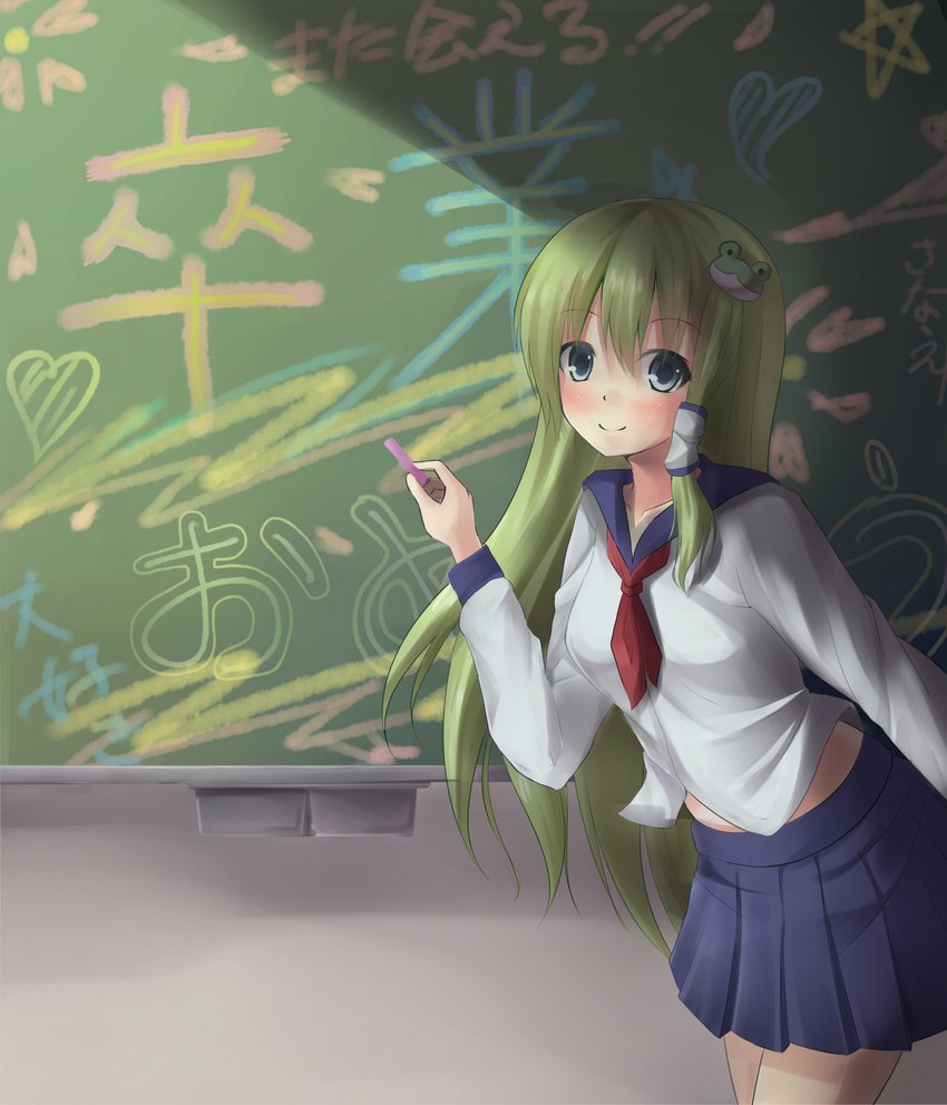 alternate_costume bad_id bad_pixiv_id blue_eyes chalk chalkboard frog_hair_ornament graduation green_hair hair_ornament highres kochiya_sanae long_hair nicoby pleated_skirt school_uniform serafuku skirt smile solo touhou