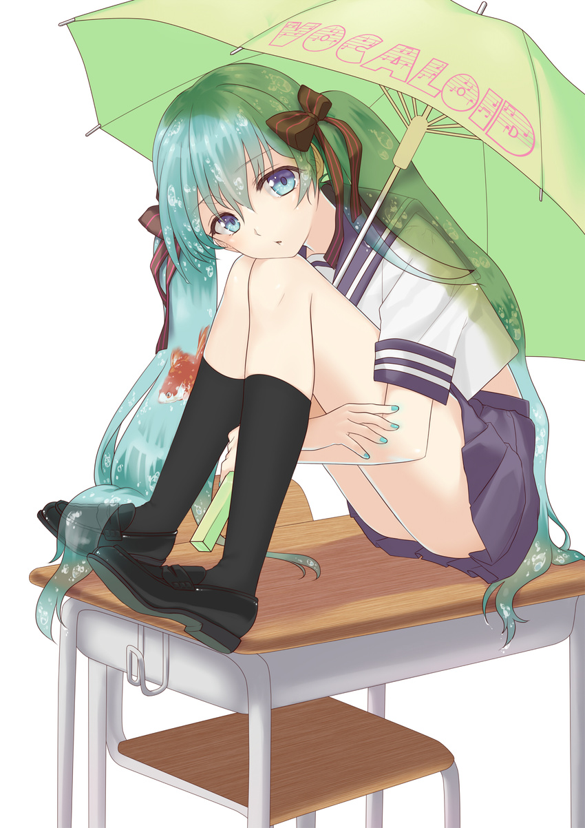 absurdres aqua_eyes aqua_hair bad_id bad_pixiv_id black_legwear bottle_miku bow desk fish full_body goldfish hair_bow hair_ribbon hatsune_miku highres kneehighs kosagi_midori leg_hug liquid_hair loafers long_hair looking_at_viewer musical_note nail_polish on_desk ribbon school_desk school_uniform serafuku shoes simple_background sitting sitting_on_desk skirt solo twintails umbrella very_long_hair vocaloid white_background