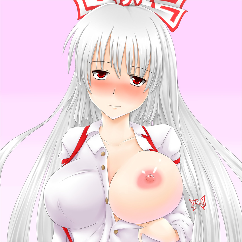 blush bow breasts breasts_outside fujiwara_no_mokou full-face_blush hair_bow highres large_breasts long_hair nipples no_bra red_eyes shown silver_hair solo suspenders touhou