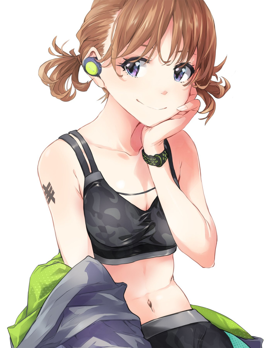 1girl black_eyes black_sports_bra breasts brown_hair character_request cleavage collarbone copyright_request earphones hand_on_own_chin highres jacket midriff short_hair shoulder_tattoo simple_background sitting small_breasts smile solo sports_bra tattoo twintails watch white_background wristwatch yoshito