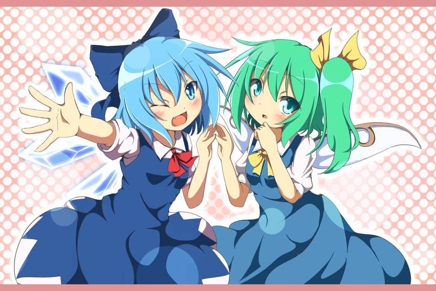 aqua_eyes aqua_hair blue_dress blue_eyes blue_hair bow cirno daiyousei do_(4-rt) dress dress_shirt fang green_eyes green_hair hair_bow hair_ribbon letterboxed multiple_girls one_eye_closed open_mouth polka_dot polka_dot_background ribbon shirt short_hair side_ponytail smile touhou wings