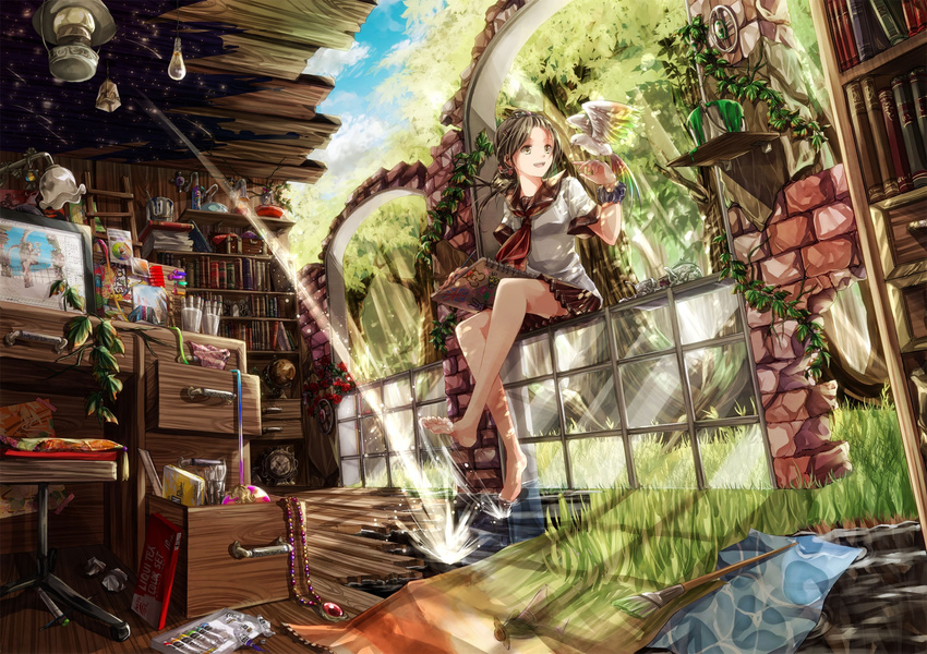 bangs_pinned_back bare_legs barefoot bead_necklace beads bird bird_on_hand blouse bong book bookshelf box brick brick_wall brown_hair bucket chair clock crumpled_paper cup cushion desk dove drawer drawing flower globe grass hair_ornament hairclip highres iroha_(shiki) ivy jewelry jewelry_removed ladder lamp lantern light light_bulb looking_to_the_side mannequin miniskirt monitor neckerchief necklace office_chair open_drawer open_mouth original overgrown paint paint_can paint_tube paintbrush paper plant pleated_skirt recursion scenery school_uniform scrunchie serafuku shooting_star short_sleeves sitting sitting_in_window sketchbook skirt smile soaking_feet solo star_(sky) sunlight tassel tea_set teacup teapot tree union_jack vines wall water white_blouse window wooden_floor wrist_scrunchie