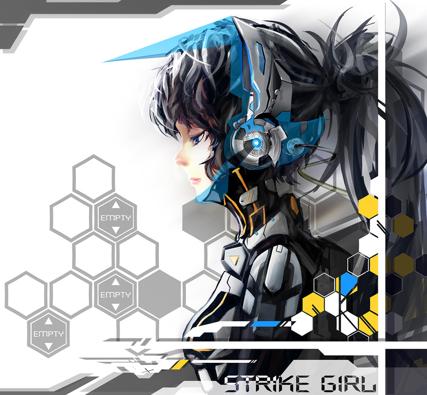 bad_id bad_pixiv_id black_hair blue_eyes bodysuit headphones helmet hexagon highres kxxxxxxxxxxx original solo