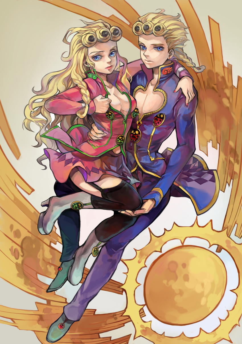 1girl absurdres blonde_hair blue_eyes braid breasts bug center_opening cleavage dual_persona genderswap genderswap_(mtf) giorno_giovanna highres insect jojo_no_kimyou_na_bouken ladybug long_hair medium_breasts peninsula_(disappearedstump) thighhighs