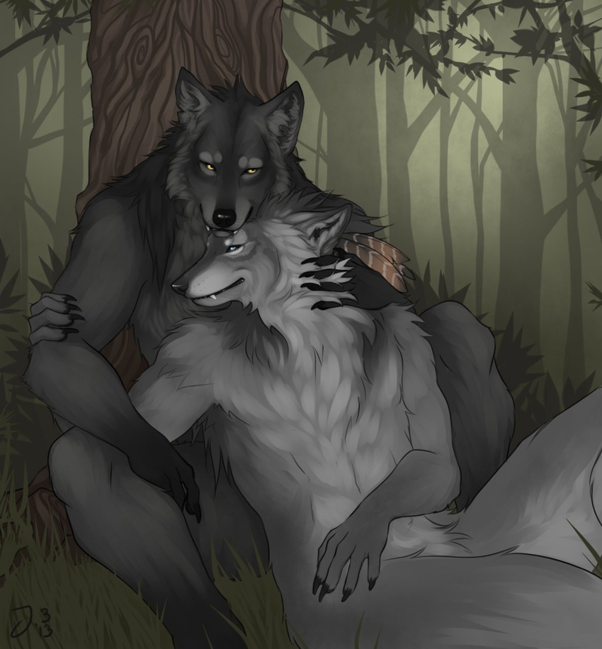 biceps black_nose blue_eyes canine couple cute duo feathers fur gay grey_fur happy hug love male mammal muscles nature nude outside romantic smile teeth thejinxess tree were werewolf wolf yellow_eyes