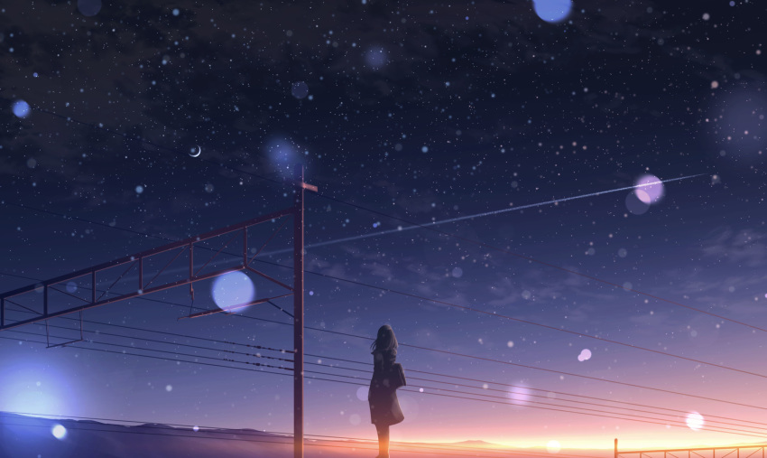 1girl bag black_coat black_hair blurry bokeh cloud commentary_request condensation_trail crescent_moon depth_of_field evening facing_away from_behind gradient_sky highres kijineko long_coat long_hair moon original outdoors scenery shoulder_bag sky snow solo standing star_(sky) starry_sky sunset wide_shot winter wire