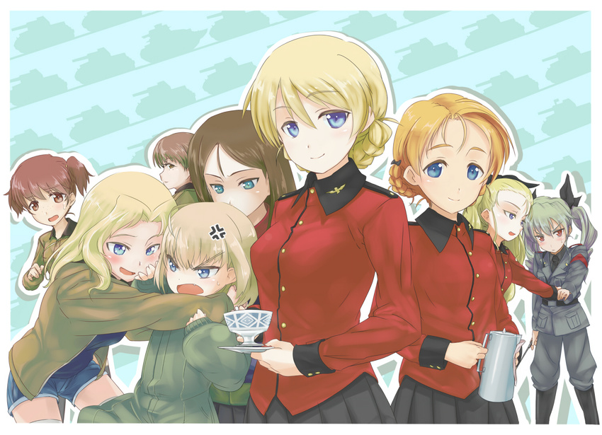 alisa_(girls_und_panzer) anchovy assam bangs black_footwear black_shirt black_skirt blonde_hair blue_eyes blue_shorts boots braid brown_eyes brown_hair brown_jacket cutoffs darjeeling denim denim_shorts dress_shirt drill_hair freckles girls_und_panzer green_hair green_jacket grey_jacket grey_pants hair_ribbon holding hoshikage jacket katyusha kay_(girls_und_panzer) knee_boots long_hair long_sleeves military military_uniform multiple_girls naomi_(girls_und_panzer) necktie nonna open_clothes open_jacket orange_hair orange_pekoe pants parted_bangs pleated_skirt pravda_military_uniform red_eyes red_jacket red_shirt ribbon riding_crop saunders_military_uniform shirt short_hair short_jumpsuit short_shorts short_twintails shorts shoulder_belt skirt st._gloriana's_military_uniform tied_hair turtleneck twin_braids twin_drills twintails uniform vest