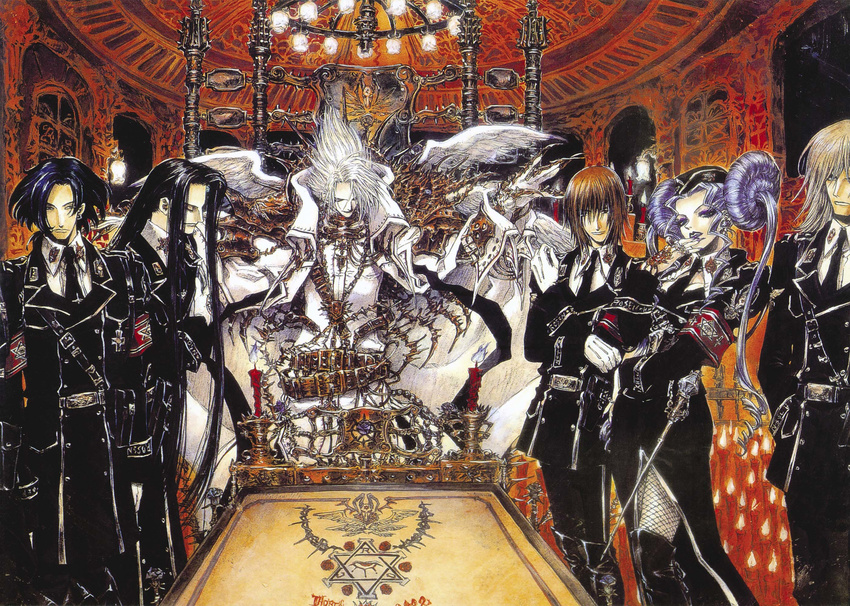 5boys balthasar_von_neumann belt black_hair blue_hair brown_hair buckle cain_nightroad chandelier closed_eyes dietrich_von_lohengrin gloves helga_von_vogelweide hexagram highres indoors isaak_fernand_von_kampfer lamp long_hair long_sleeves looking_at_viewer melchior_von_neumann multiple_boys official_art outstretched_arms pants radu_barvon rapier scan sheath sheathed shibamoto_thores silver_hair standing sword trinity_blood uniform very_long_hair weapon white_gloves wings