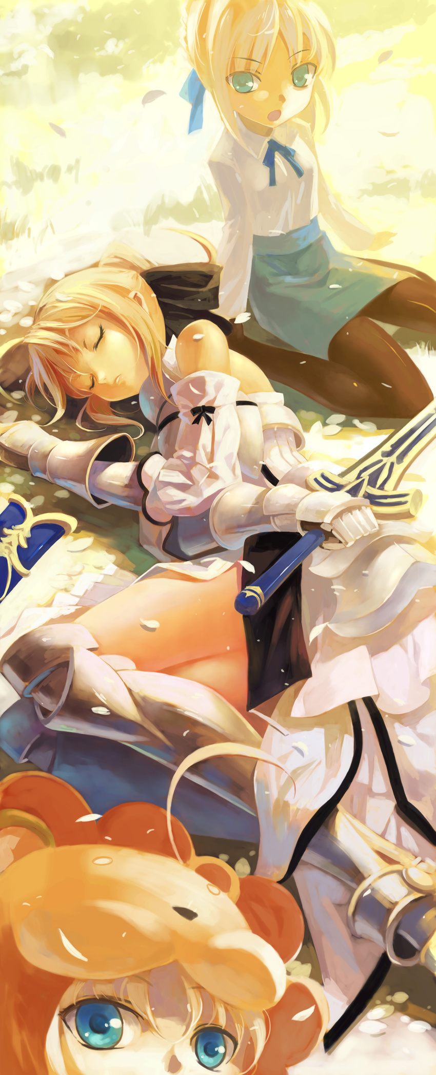 absurdres ahoge aqua_eyes armor armored_dress artoria_pendragon_(all) black_legwear blonde_hair clone closed_eyes dress fate/stay_night fate/tiger_colosseum fate/unlimited_codes fate_(series) greaves highres ldld2 lion looking_at_viewer lying multiple_girls on_side open_mouth ribbon saber saber_lily saber_lion sheath sitting skirt sleeping sword thighhighs wariza weapon