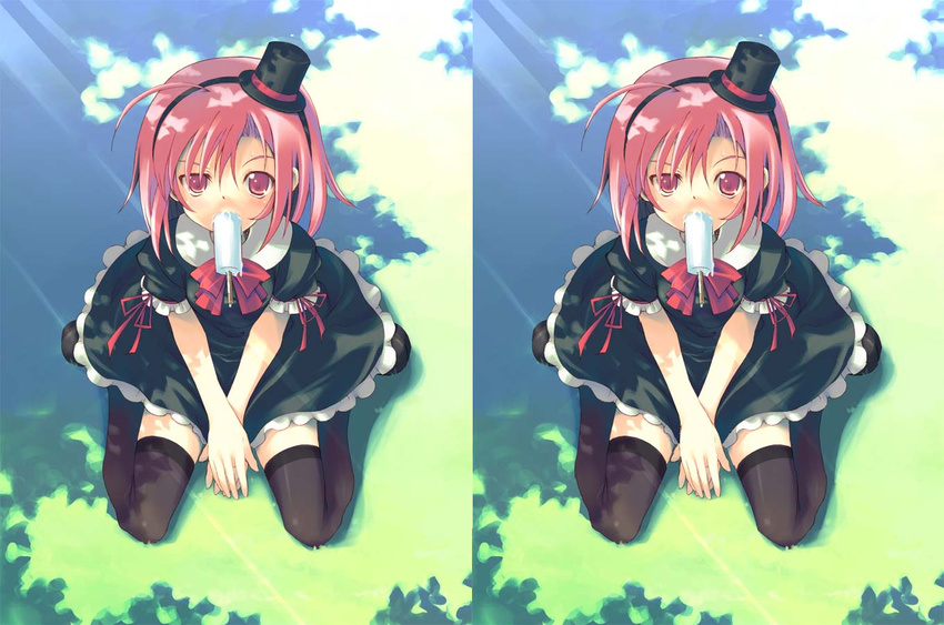 3d hat pink_eyes pink_hair popsicle thigh-highs thighhighs top_hat zettai_ryouiki