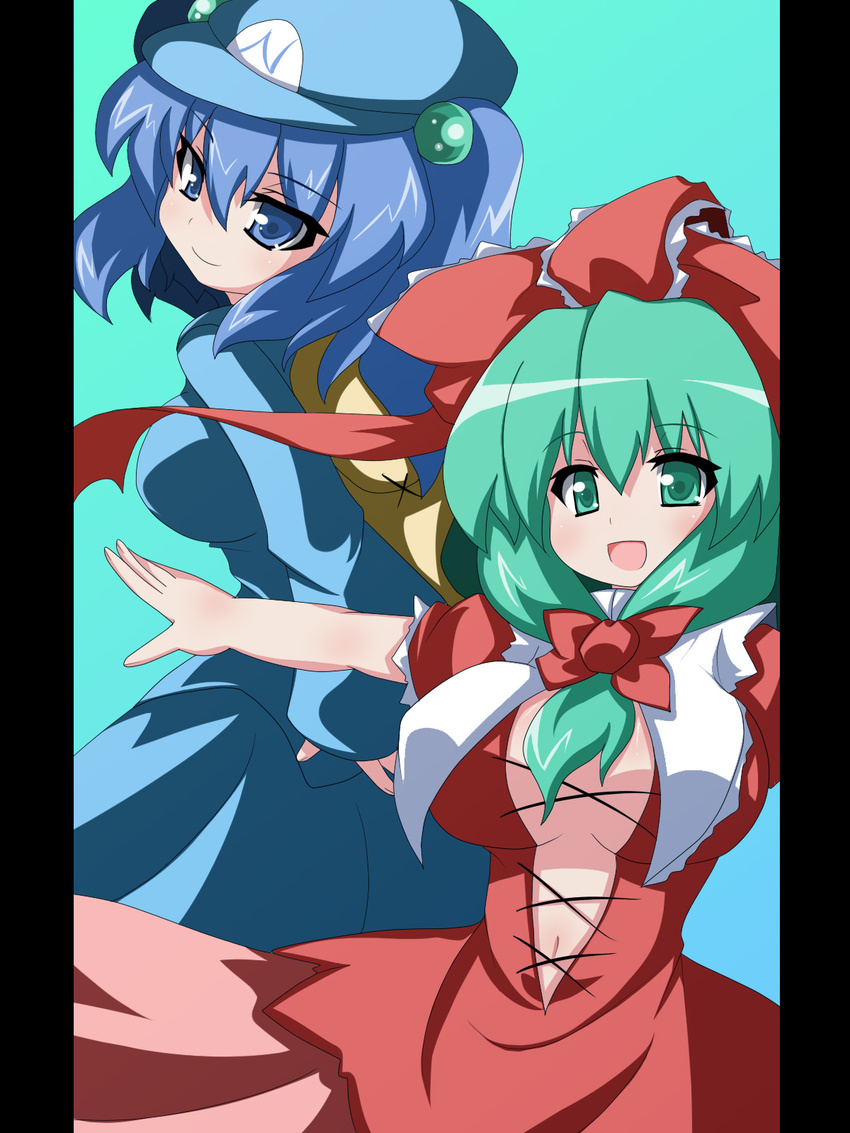 blue_hair breasts front_ponytail green_hair hat highres kagiyama_hina kawashiro_nitori large_breasts long_hair medium_breasts multiple_girls oborotsuki_kakeru ribbon short_hair touhou two_side_up