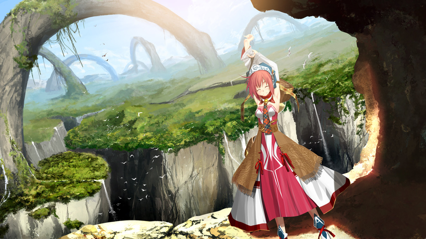 arch armpits bird canyon closed_eyes detached_sleeves fantasy hat kouji_(astral_reverie) nature original red_hair scenery solo stretch water waterfall