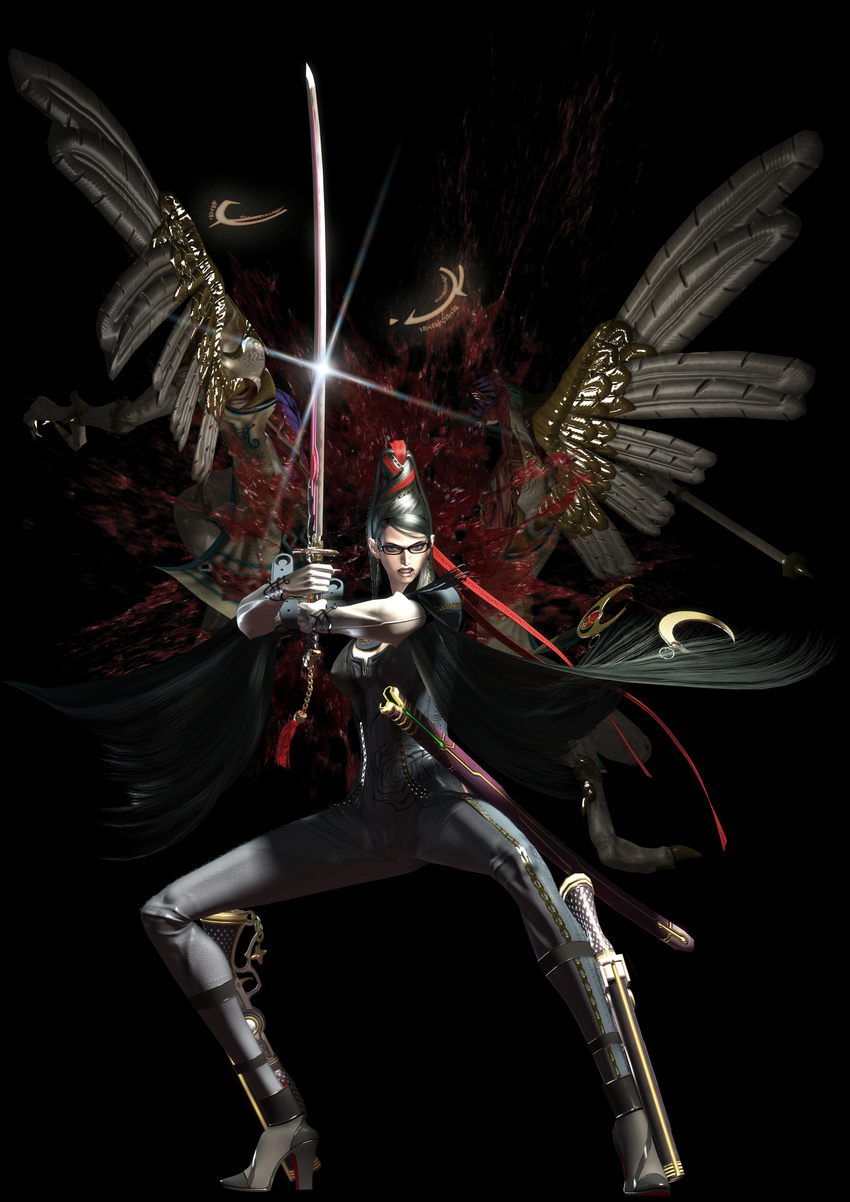 absurdres bayonetta bayonetta_(character) black_hair bodysuit glasses highres long_hair solo sword weapon
