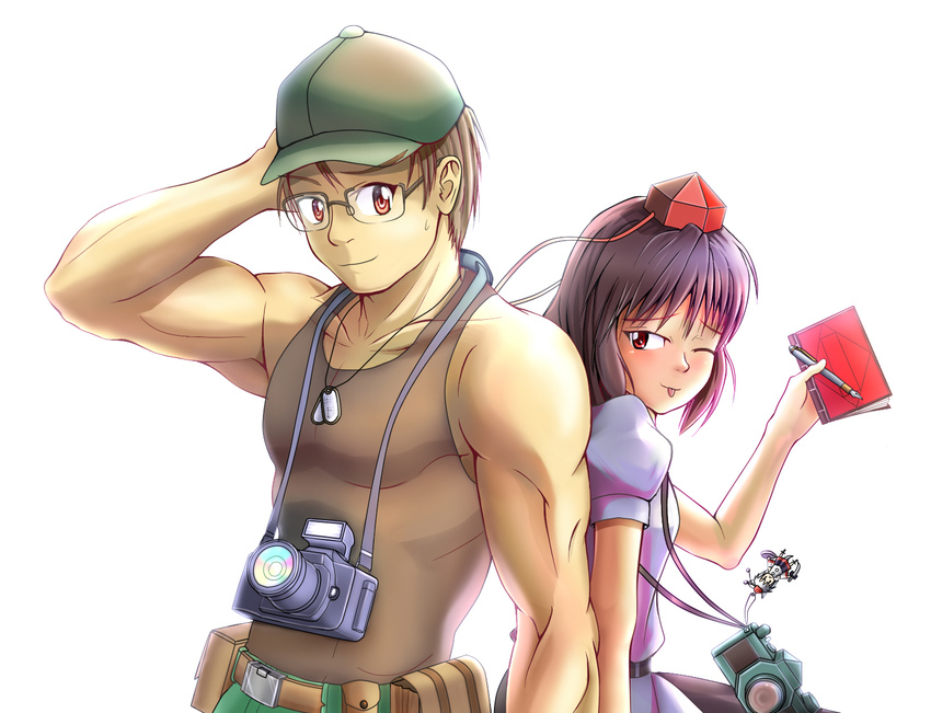 1girl back-to-back bad_id bad_pixiv_id camera crossover dog_tags hat higurashi_no_naku_koro_ni hinami_(hinatamizu) inubashiri_momiji muscle notebook pen shameimaru_aya tokin_hat tomitake_jirou tongue touhou trait_connection