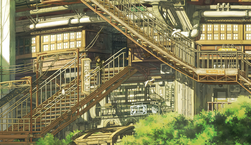 bad_id bad_pixiv_id bird bush jersey open_mouth original pipe scenery solo stairs standing sumashi window