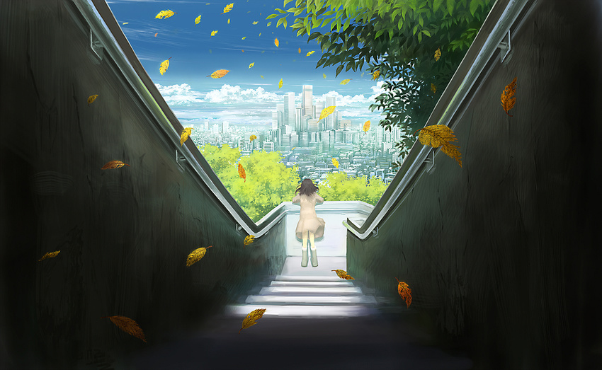 bad_id bad_pixiv_id black_hair boots city copyright_request day dress leaf outdoors scenery short_hair skirt sky solo stairs sumashi tree wind