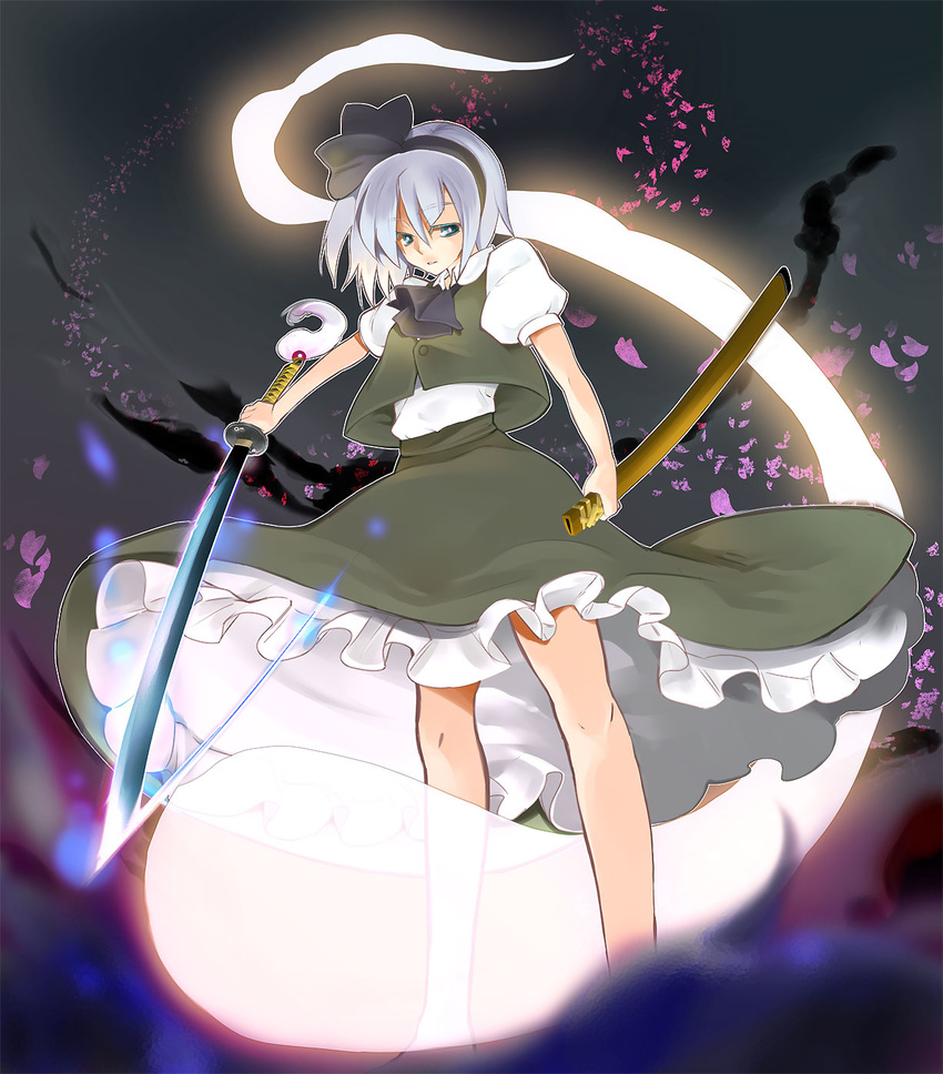 black_hairband blue_eyes cherry_blossoms hairband highres hitodama katana konpaku_youmu konpaku_youmu_(ghost) petals sheath shino_satoru short_hair silver_hair skirt solo sword touhou weapon