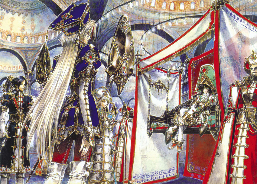 3girls arch armor armored_boots astharoshe_asran baibars_(trinity_blood) beard black_hair boots building expressionless facial_hair from_behind green_eyes hat highres indoors ion_fortuna jewelry lips long_hair long_sleeves mortarboard multiple_boys multiple_girls official_art outdoors pillar puffy_long_sleeves puffy_sleeves radu_barvon ring scan seth_nightroad shibamoto_thores shield silver_hair sitting standing tabard tassel trinity_blood very_long_hair