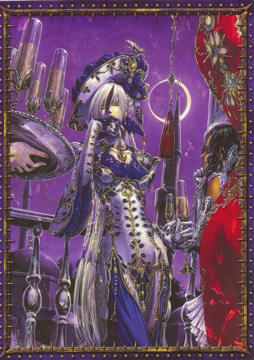 alcohol astharoshe_asran back blue_eyes braid brooch champagne character_request dark_skin french_braid gem glass highres jewelry long_sleeves looking_at_viewer multiple_girls nail_polish official_art profile scan shibamoto_thores short_hair silver_hair slender standing tassel tray trinity_blood