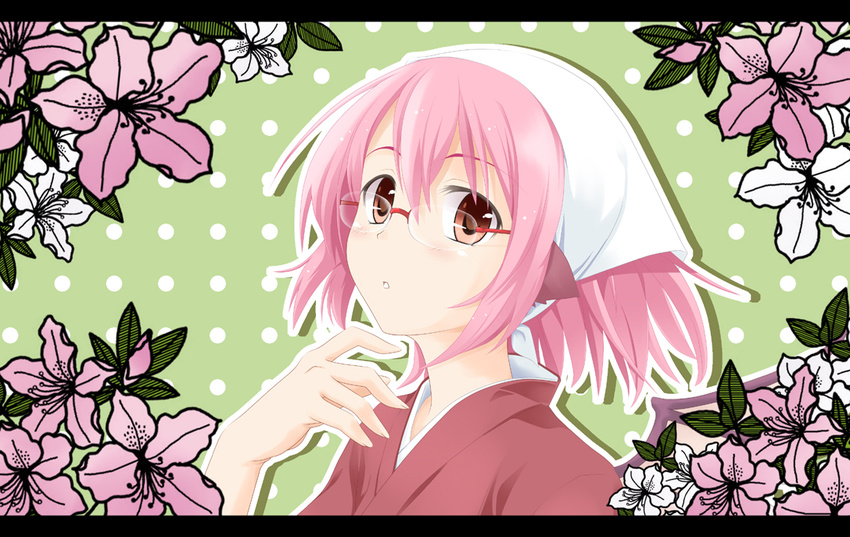 bespectacled flower glasses hands japanese_clothes letterboxed mystia_lorelei ogami_kazuki okamisty pink_eyes pink_hair red-framed_eyewear rhododendron solo touhou