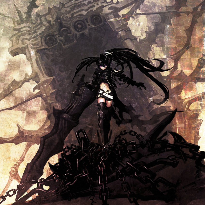 absurdres alternate_costume armor belt black_hair black_rock_shooter boots chain gauntlets greaves highres huge_weapon huke insane_black_rock_shooter long_hair midriff purple_eyes scar shorts solo thigh_boots thighhighs weapon