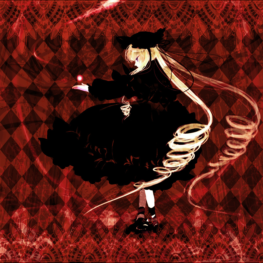 bad_id bad_pixiv_id black_dress blonde_hair blush bonnet dress drill_hair from_side full_body highres long_hair long_sleeves o_(pixiv) profile rozen_maiden shinku solo standing twintails very_long_hair