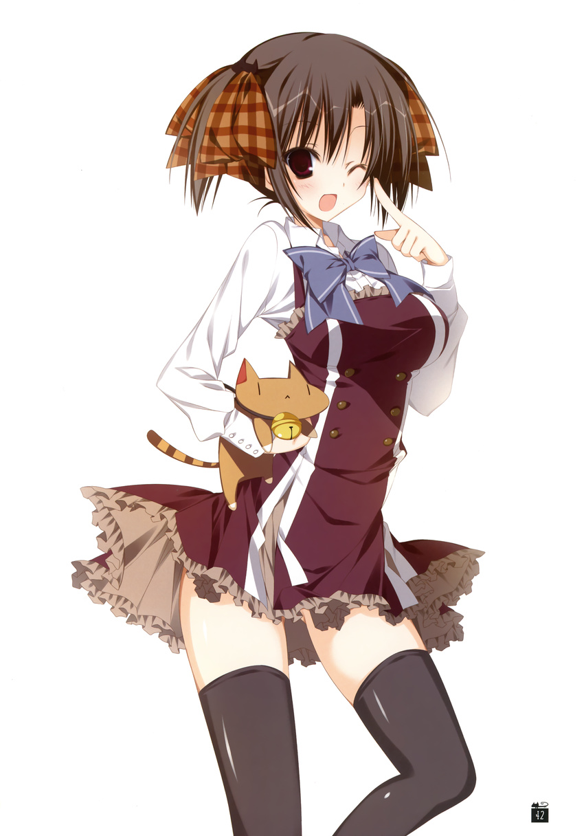 :&lt; ;d absurdres ass_visible_through_thighs bell black_legwear breasts brown_eyes brown_hair cat dress ebiten_(manga) highres holding inugami_kira large_breasts long_sleeves looking_at_viewer one_eye_closed open_mouth smile thighhighs todayama_kyouko zettai_ryouiki |_|