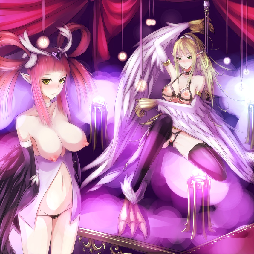 bikini black_bikini black_legwear black_wings blonde_hair bra breasts claws crotchless_panties cupless_bra duel_monster green_eyes harpie_channeler harpie_dancer highres large_breasts long_hair midriff multiple_girls nipples panties pointy_ears ponytail pussy red_hair sitting staff sukumo_(kemutai) swimsuit thighhighs thong uncensored underwear white_wings wings yellow_eyes yuu-gi-ou