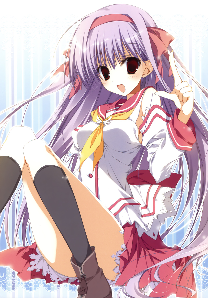 :d absurdres black_legwear copyright_request detached_sleeves hairband highres inugami_kira knees_up legs long_hair open_mouth purple_hair red_eyes red_hairband school_uniform sitting smile socks solo