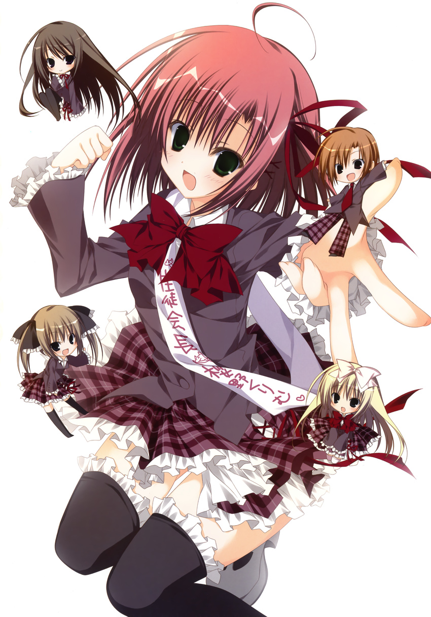 4girls :d absurdres ahoge akaba_chizuru black_legwear blonde_hair blush bow bowtie brown_hair chibi frilled_legwear green_eyes highres inugami_kira long_hair long_sleeves looking_at_viewer multiple_girls official_art open_mouth outstretched_hand pants pink_hair plaid plaid_pants plaid_skirt red_bow red_neckwear sakurano_kurimu sash school_uniform seitokai_no_ichizon shiina_mafuyu shiina_minatsu skirt smile sugisaki_ken tareme thighhighs