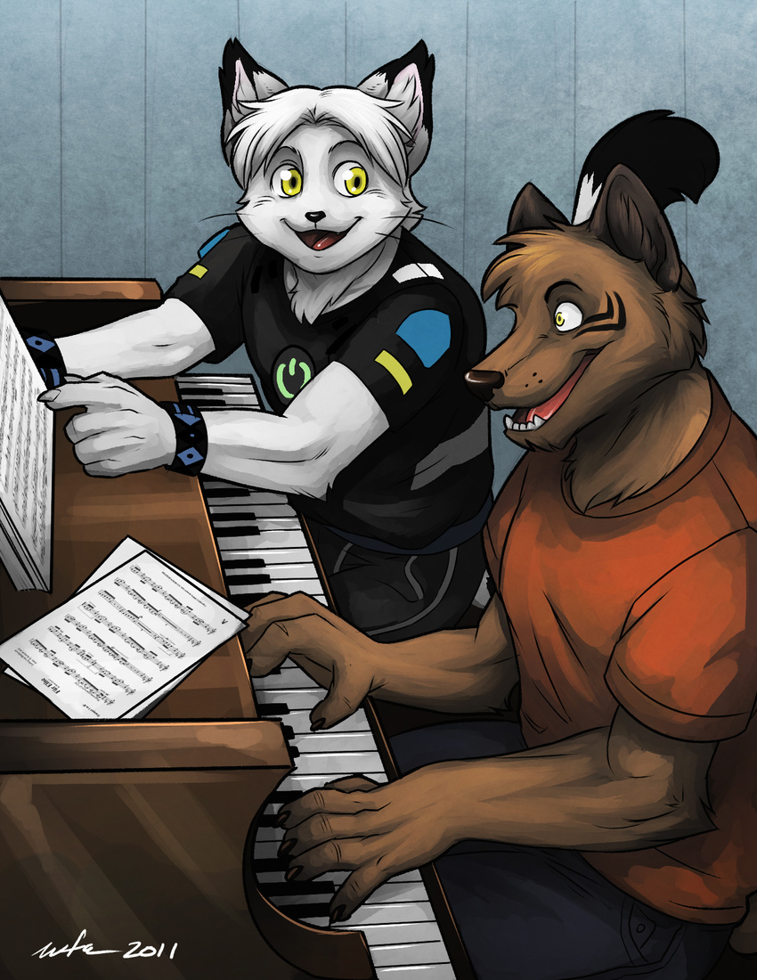 anime_eyes anthro biceps black_nose brown_fur brown_nose canine cat claws clothed clothing duo feline fur hair inpu male mammal music musical_instrument open_mouth pants paws piano sheet_music shirt short_hair smile teeth text tongue wfa white_fur white_hair wolf wristband yellow_eyes