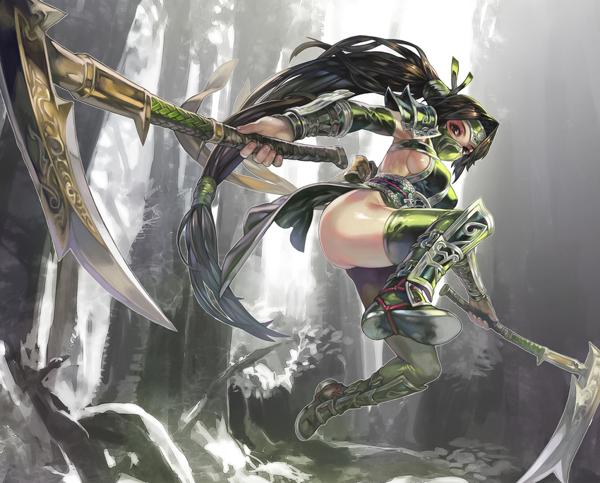 akali aoin bad_deviantart_id bad_id boots breasts brown_hair dual_wielding elbow_gloves gloves greaves green_eyes green_gloves green_legwear hair_tie highres holding kama_(weapon) large_breasts league_of_legends long_hair mask ninja pauldrons ponytail sickle sideboob solo thigh_boots thighhighs vambraces water waterfall