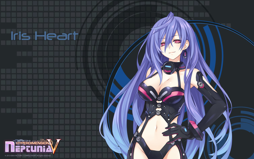 2013 black_background black_gloves blush bodysuit breasts character_name cleavage cleavage_cutout company_name copyright_name dated dominatrix earrings elbow_gloves english gloves hand_on_hip highres iris_heart jewelry kami_jigen_game_neptune_v logo long_hair medium_breasts midriff navel neptune_(series) official_art power_symbol purple_hair red_eyes smile solo symbol-shaped_pupils tsunako very_long_hair wallpaper watermark