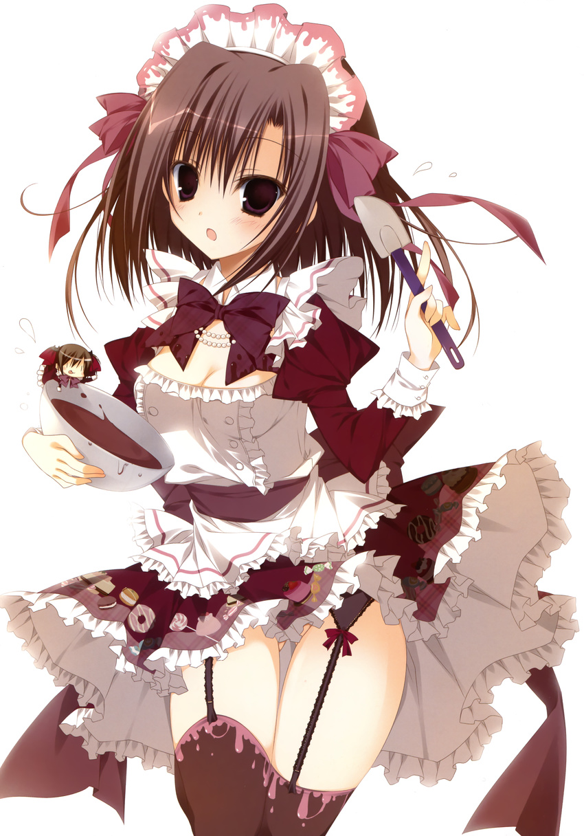 :o :q absurdres ass_visible_through_thighs blush bow bowl bowtie breasts brown_hair buckle chibi cleavage dress ebiten_(manga) garter_straps hairband highres inugami_kira looking_at_viewer maid_headdress medium_breasts multiple_girls official_art purple_eyes red_bow red_neckwear siblings simple_background sisters spatula standing tareme thigh_gap thighhighs todayama_izumiko todayama_kyouko tongue tongue_out white_background zettai_ryouiki