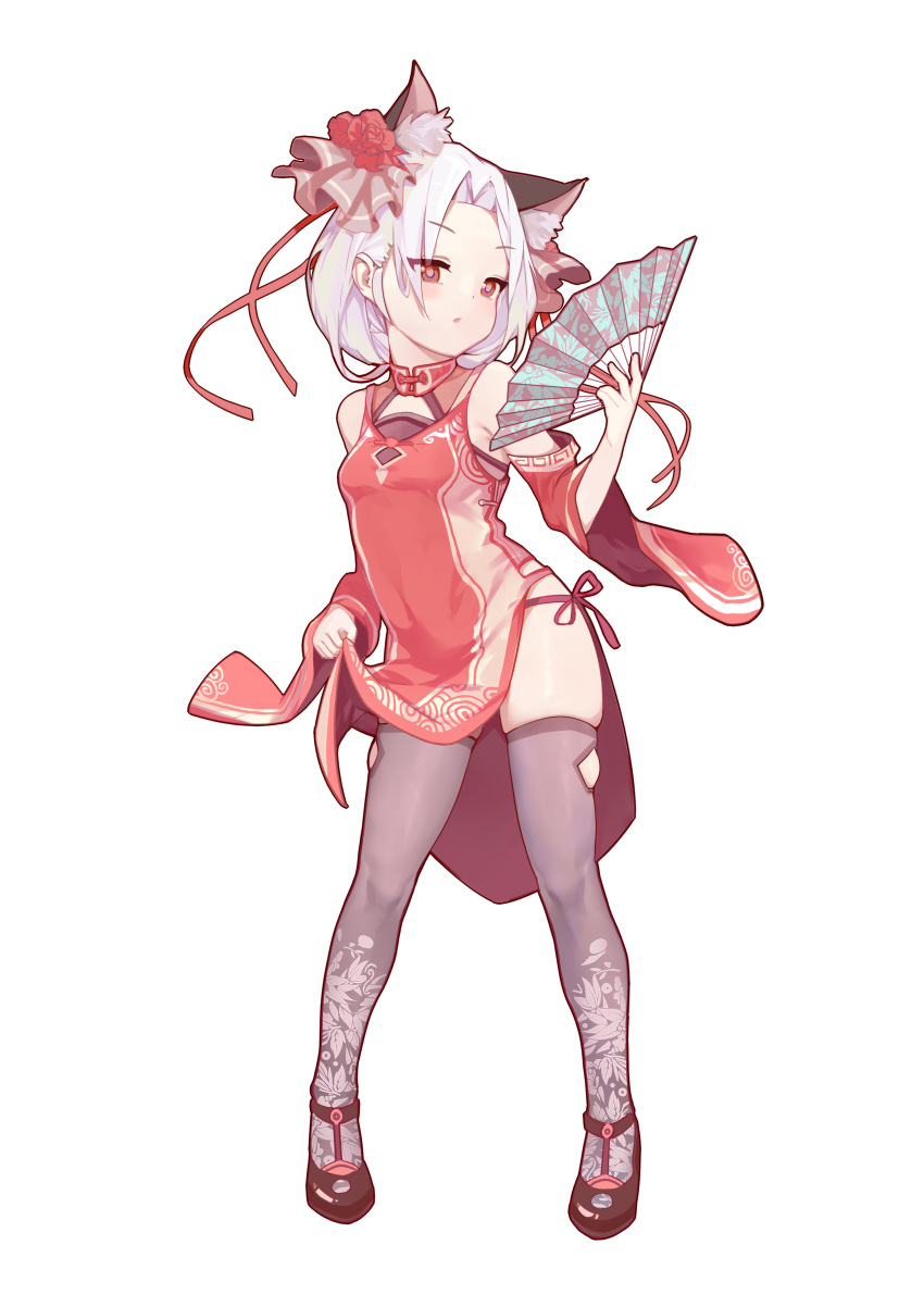 1girl absurdres animal_ears black_footwear cat_ears china_dress chinese_border chinese_clothes contrapposto detached_sleeves dress dress_lift fan floral_print flower folding_fan full_body grey_legwear hair_flower hair_intakes hair_ornament highres holding holding_fan knees legs parted_lips print_legwear red_dress red_eyes red_ribbon ribbon short_hair simple_background skindentation solo thighhighs thighs tsurime vittorio_veneto_(zhan_jian_shao_nyu) white_background white_hair wide_sleeves wulifeng zhan_jian_shao_nyu