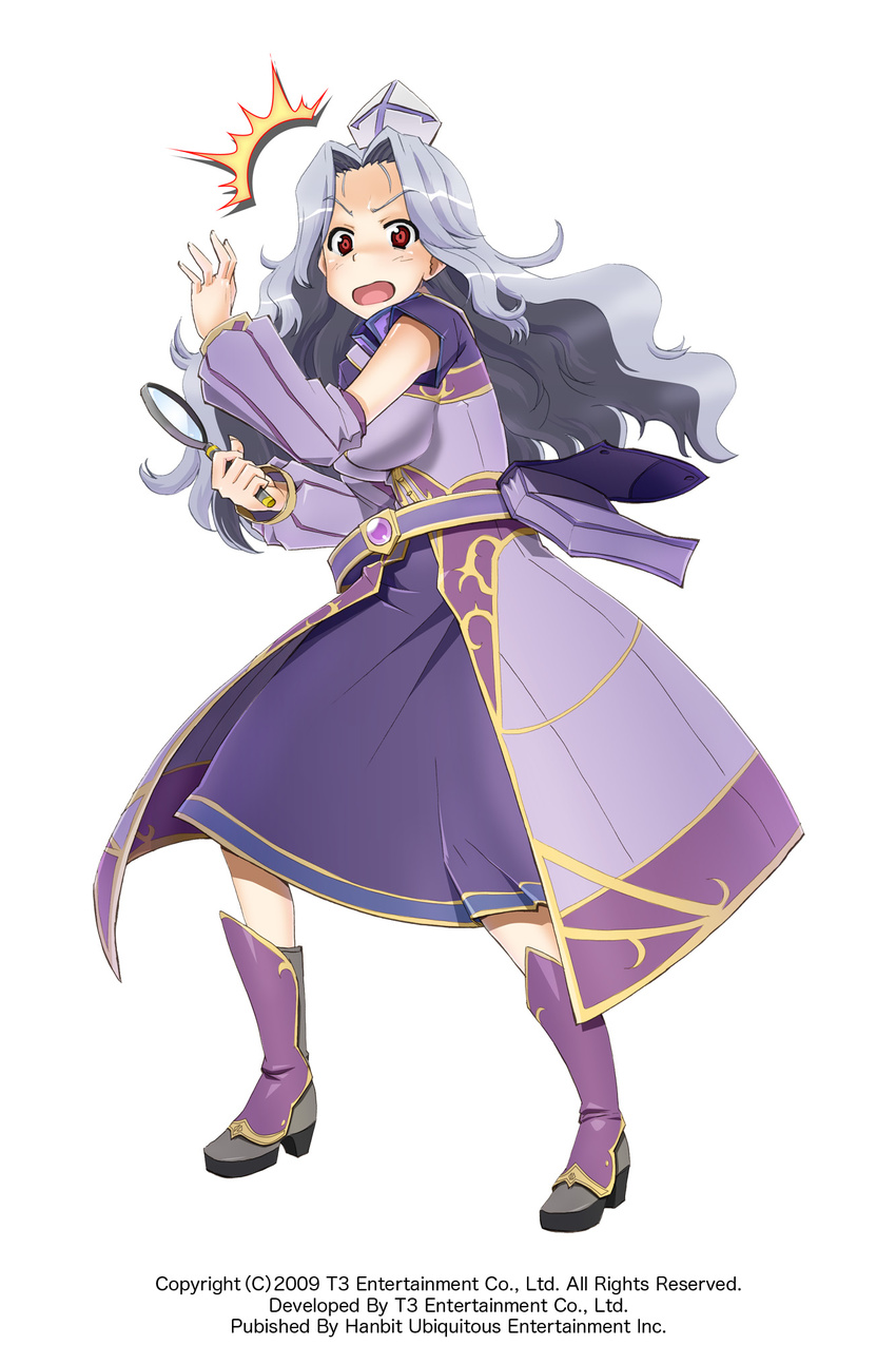 1girl arksign belt boots detached_sleeves dress full_body grey_(arksign) hand_on_hip hat highres kimura_shigetaka lavender_hair long_hair magnifying_glass official_art open_mouth pouch red_eyes simple_background solo surprised wavy_hair white_background