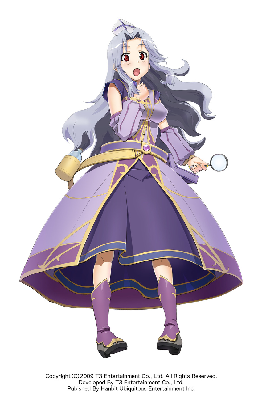 arksign belt boots bottle detached_sleeves dress full_body grey_(arksign) hand_on_hip hand_on_own_chest hat highres kimura_shigetaka lavender_hair long_hair magnifying_glass official_art open_mouth pigeon-toed pouch red_eyes simple_background solo surprised wavy_hair white_background